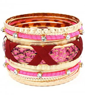 Fuschia Bracelet Bangle Stackable Faux Leather Crystal Studs Fabric Interlaced Meta 116112-2060GDFSH