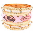 Pink Bracelet Bangle Stackable Faux Leather Crystal Studs Fabric Interlaced Metal C 116112-2060GDPNK