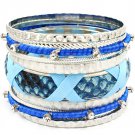 Blue Bracelet Bangle Stackable Faux Leather Crystal Studs Fabric Interlaced Metal C 116112-2060RDBLU