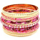 Fuschia Bracelet Bangle Stackable Fabric Flower Print Metal Casting Interlaced Pron 116112-2065GDFSH