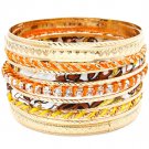 Orange Bracelet Bangle Stackable Fabric Flower Print Metal Casting Interlaced Prong 116112-2065GDORG
