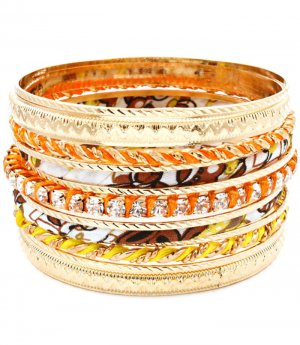 Orange Bracelet Bangle Stackable Fabric Flower Print Metal Casting Interlaced Prong 116112-2065GDORG