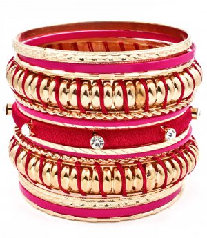 Fuschia Bracelet Bangle Stackable Crystal Studs Fabric Metal Casting Interlaced 2 3  11622-0997GDFSH