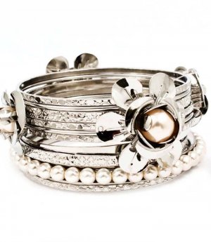 White Bracelet Bangle Stackable Faux Pearl Flower Various Hoops 1 1 2 Inch Width 11612-1148RDWHT