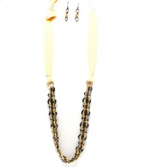 Cream Necklace Long Necklace Metal Link Ribbon Texture 42 Inch Long 12141929-100TTCRM