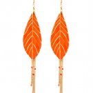Orange Earring Linear Drop Fish Hook Bead Leaf Tassel Enamel 6 1 2 Inch Drop 13135-15031GDORG