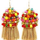 Multi Colored Earring Fish Hook Mixed Bead Prong Set Tassel 1 1 2 Inch Drop 1585-3708GDMLT