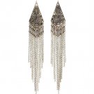 Silver Colored Earring Linear Drop Metal Casting Texture Crystal Studs Tassel Pierce 1965-99522SOSIV