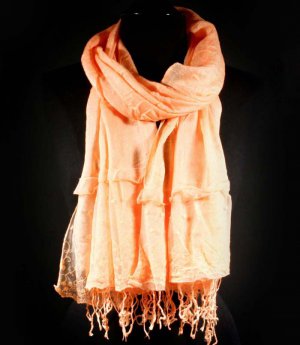 Peach Fashion Scarf Solid Crinkle Scarf With Lace Tassel 100% Polyester 21 Inch X 68  21316-99094PEA