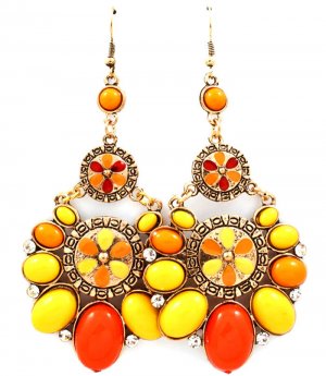 Orange Earring Fish Hook Crystal Studs Formica Oval Enamel Texture 3 Inch Drop 25185-2006BOORG