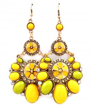 Yellow Earring Fish Hook Crystal Studs Formica Oval Enamel Texture 3 Inch Drop 25185-2006BOYEW