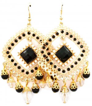 Black Earring Fish Hook Studed Bead Formica Diamond Shape Bead Faceted Filigree 2 1  25185-5723AGBLK