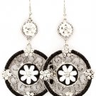 Black & White Earring Fish Hook Studed Bead Flower Enamel Texture 2 1 4 Inch Drop 25185-9216RDBKW