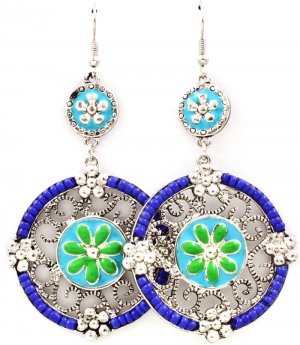 Blue Earring Fish Hook Studed Bead Flower Enamel Texture 2 1 4 Inch Drop 25185-9216RDBLU