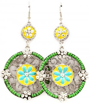 Green Earring Fish Hook Studed Bead Flower Enamel Texture 2 1 4 Inch Drop 25185-9216RDGRN