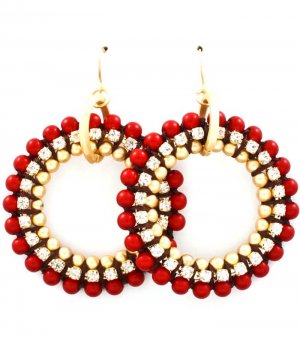 Red Earring Fish Hook Crystal Studs Marbles Prong Set 2 Inch Drop 4715-0706MGRED
