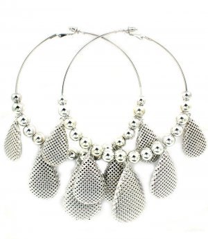 Silver Colored Earring Pin Catch Hoop Charm Beads Mesh Tear Drop 3 1 2 Inch Hoop 5 3 11315-4014RDSIV
