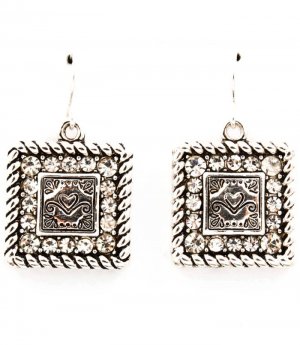 Clear Earring Fish Hook Crystal Studs Engraved Square Shape Joy Heart Texture 20 Mm D 4715-0736ASCLR