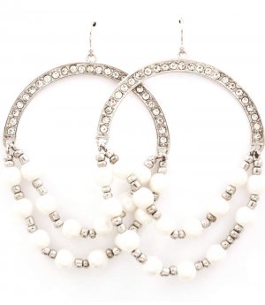 White Earring Fish Hook Pearl Crystal Studs Bead Multi Layered 2 1 2 Inch Drop Nickel 4715-0803RDWHT