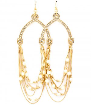 White Earring Fish Hook Pearl Crystal Studs Bead Multi Layered 3 Inch Drop Nickel And 4715-0805GDWHT