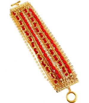 Red Bracelet Toggle Multi Strands Beads Cords Interlaced Crystal Studs Prong Set 1  116112-2509GDRED