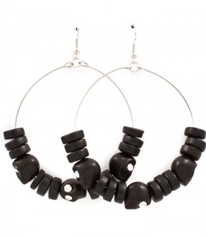 Black Earring Fish Hook Hoop Wood Bead Crystal Studs Skull Texture 2 1 2 Inch Drop 11625-0504RDBLK
