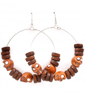 Brown Earring Fish Hook Hoop Wood Bead Crystal Studs Skull Texture 2 1 2 Inch Drop 11625-0504RDBRO