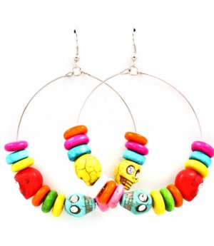 Multi Colored Earring Fish Hook Hoop Wood Bead Crystal Studs Skull Texture 2 1 2 Inc 11625-0504RDMLT