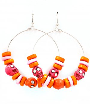 Orange Earring Fish Hook Hoop Wood Bead Crystal Studs Skull Texture 2 1 2 Inch Drop 11625-0504RDORG