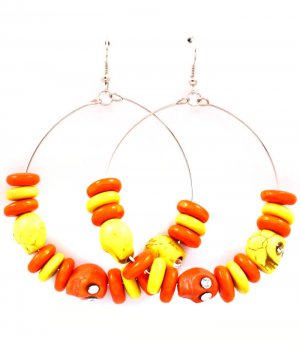 Yellow Earring Fish Hook Hoop Wood Bead Crystal Studs Skull Texture 2 1 2 Inch Drop 11625-0504RDYEW