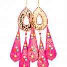 Fuschia Earring Linear Drop Fish Hook Stud Tear Drop Painted Formica Enamel 6 Inch D 13135-1558GDFSH