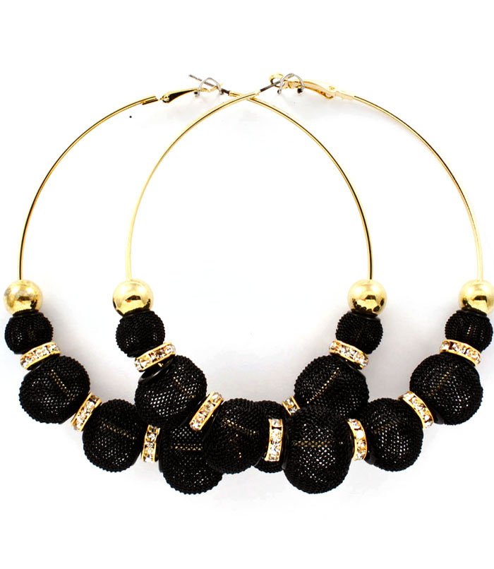 Black Earring Pin Catch Hoop Bead Mesh Ball Rondelle 3 1 2 Inch Drop