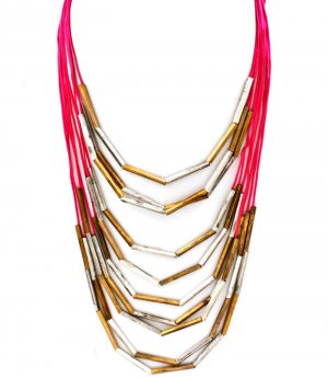 Fuschia Necklace Multi Strand Bead Metal Casting Texture 4 1 2 Inch Drop 16 Inch Lon 15814-3730TTFSH