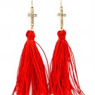 Red Earring Linear Drop Fish Hook Crystal Studs Cross Tassel 3 1 2 Inch Drop 210155-1008MGRED