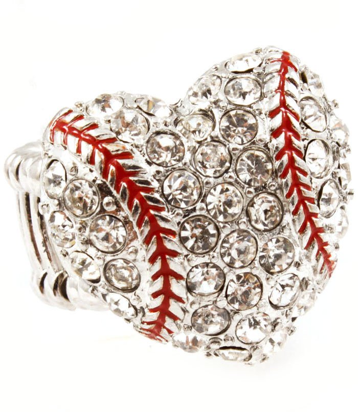 Clear Ring Adjustable Heart Baseball Ball Print Crystal Studs Enamel