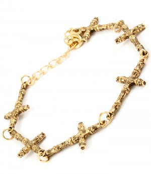 Gold Colored Bracelet Religious Cross Lobster Clasp 6 Inch Long / 11312-7015AGGOD