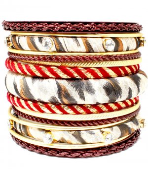 Brown Bracelet Bangle Stackable Fabric Thred Crystal Studs Texture Bead 3 Inch Width 11622-0598TTBRO