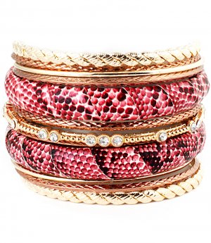 Fuschia Bracelet Bangle Stackable Crystal Studs Texture Vinyle Cover 2 Inch Width / 11622-0739GDFSH