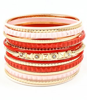 Red Bracelet Bangle Stackable Pyramid Shape Enamel Various Hoop Crystal Studs 2 Inch 11622-1613GDRED