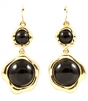 Black Earring Fish Hook Circular Epoxy Stone Cabochon 1 1 2 Inch Drop / 121175-8442GDBLK