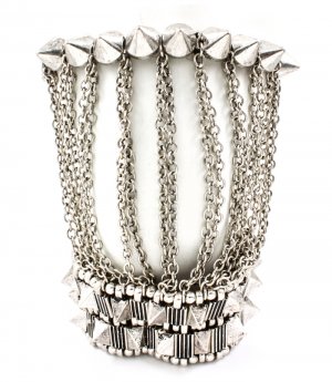 Silver Colored Bracelet Stretch Pyramid Shape Bead Cone Shape Two Bracelets Connect 1214228-484SOSIV