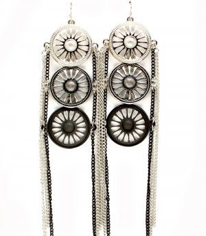 Black Earring Fish Hook Tassel Round Charms Filigree Texture 6 Inch Drop 1965-99650RDBLK