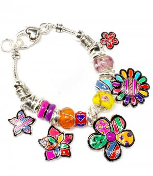 Multi Colored Bracelet Link Charm Flowers LeavesBeads 1 1 4 Inch Drop 8 Inch Long 210152-02899ASMLT