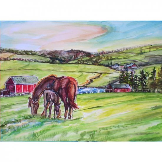 Country Store Oak Harbor >> High Pastures - 11x15 original watercolor landscape painting, farm, barn, country, horse Country Store Oak Harbor >> High Pastures - 11x15 original watercolor landscape painting, farm, barn, country, horse