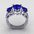 Modern 950 Platinum Gold Three Stone 2.25 Carat Total Round Blue Sapphire Bridal Ring R94-PLATBS