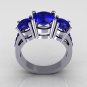 Modern 950 Platinum Gold Three Stone 2.25 Carat Total Round Blue Sapphire Bridal Ring R94-PLATBS