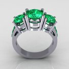 Modern 950 Platinum Gold Three Stone 2.25 Carat Total Round Emerald Bridal Ring R94-PLATEM