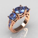 Modern 10K Rose Gold Three Stone 2.25 Carat Total Round Blue Topaz Bridal Ring R94-10RGDBT
