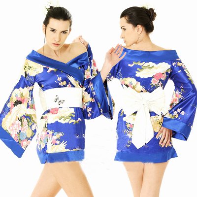 New Hot & Sexy Lace Japanese Kimono Lingerie Costume Sleep Dress Blue KM#26