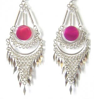 ANDEAN MERMAID ~ Long Fuchsia Agate Silver Mesh Chandelier Earrings